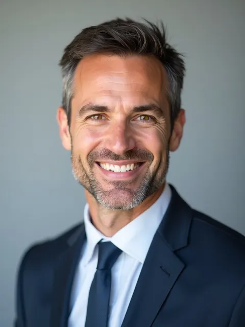 Synthetic portrait in a dark suit and tie against a gray background