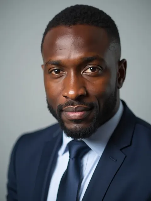 Synthetic close portrait in a suit with a neutral expression and gray background